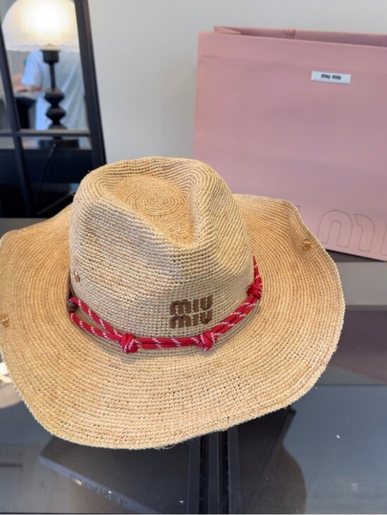 Miu Miu Natural Raffia Straw Western Hat Red Cord Band Embroidered Logo - Picture 2 of 8